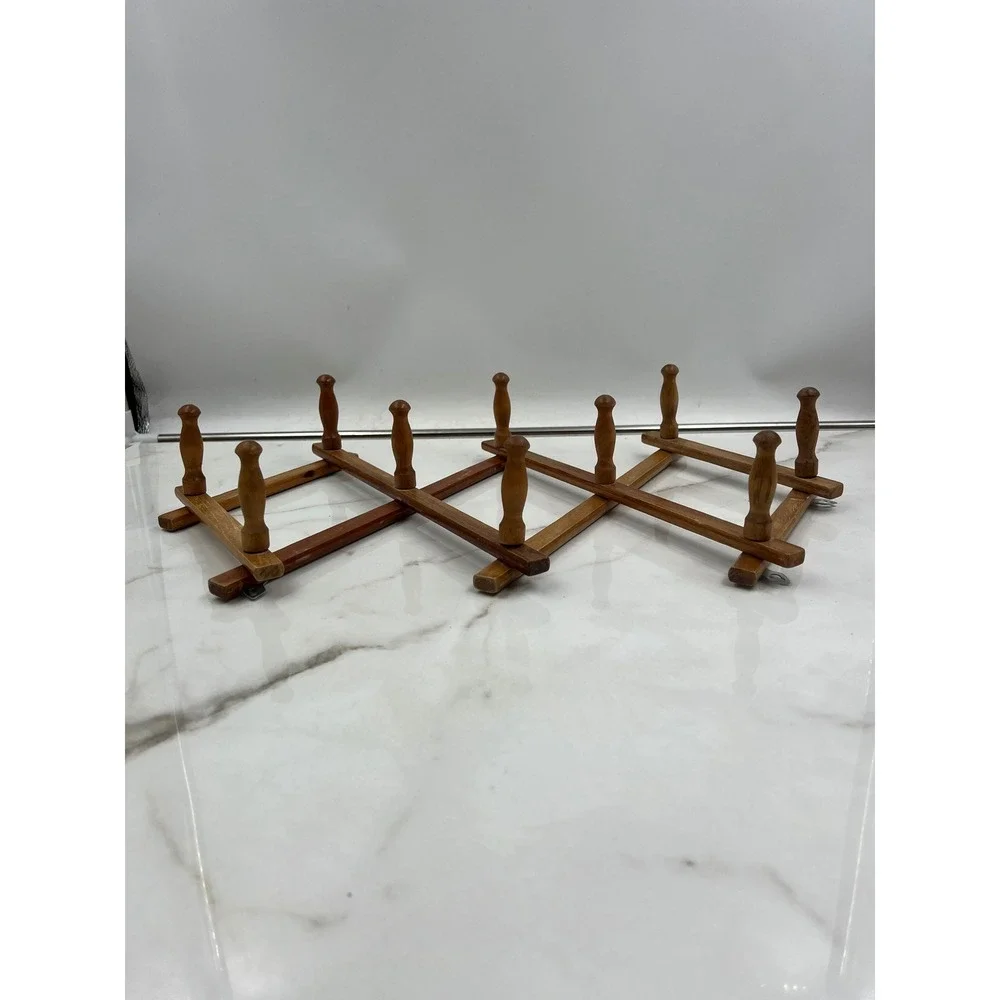 VTG Wood Accordion Wall Rack Expandable 10 Peg Hat Coat Mug Rack Natural Wood